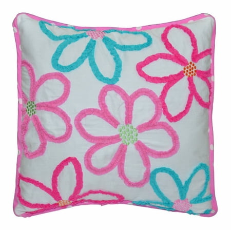 Cozy Line Mariah Pink Blue Floral 15  x 15  Cotton Ruffle Embroidery Square Décor Throw Pillow