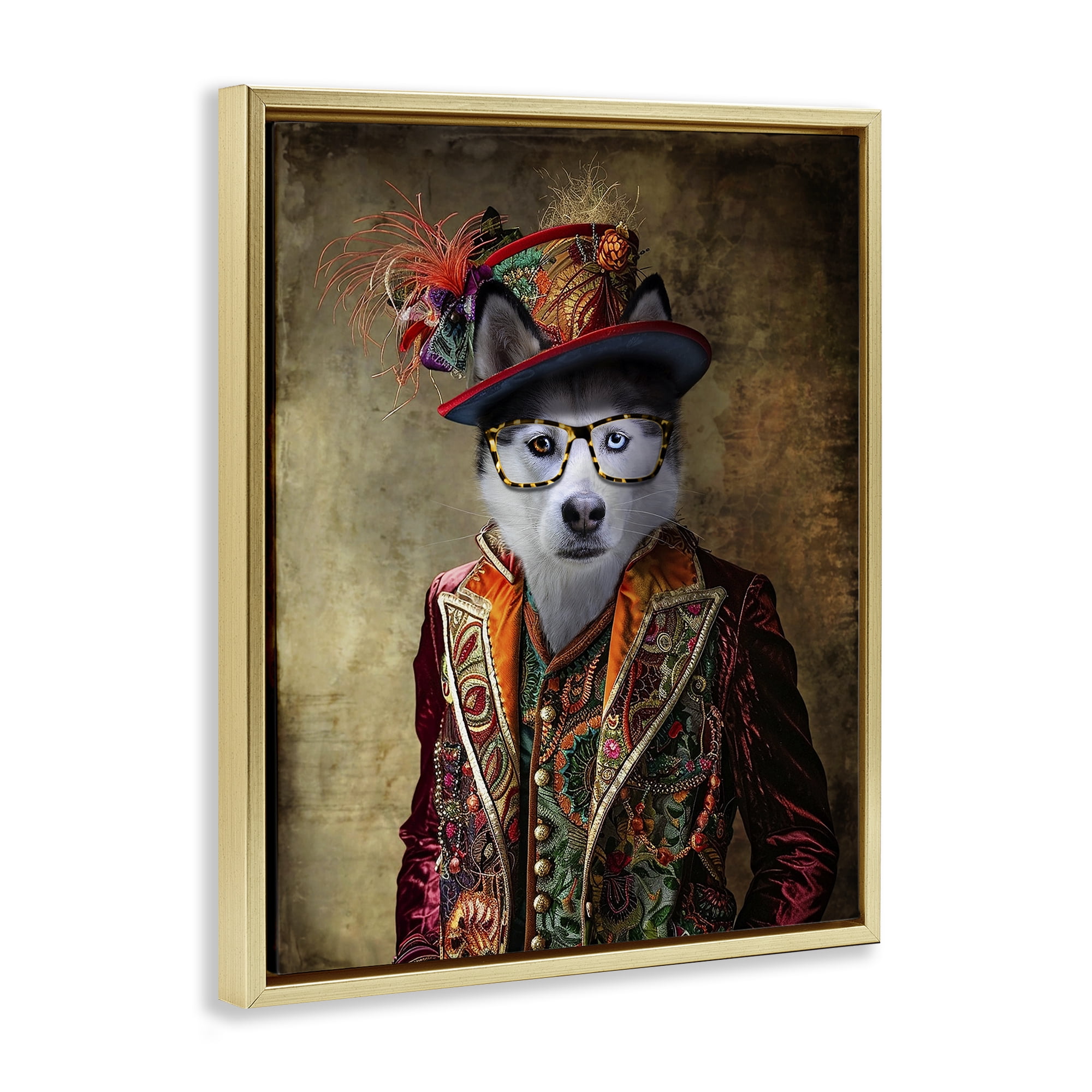 Stupell Industries Husky Dog Eclectic Suit Animals & Insects Painting Gold Floater Framed Canvas Art Print Wall Art, 17 x 21