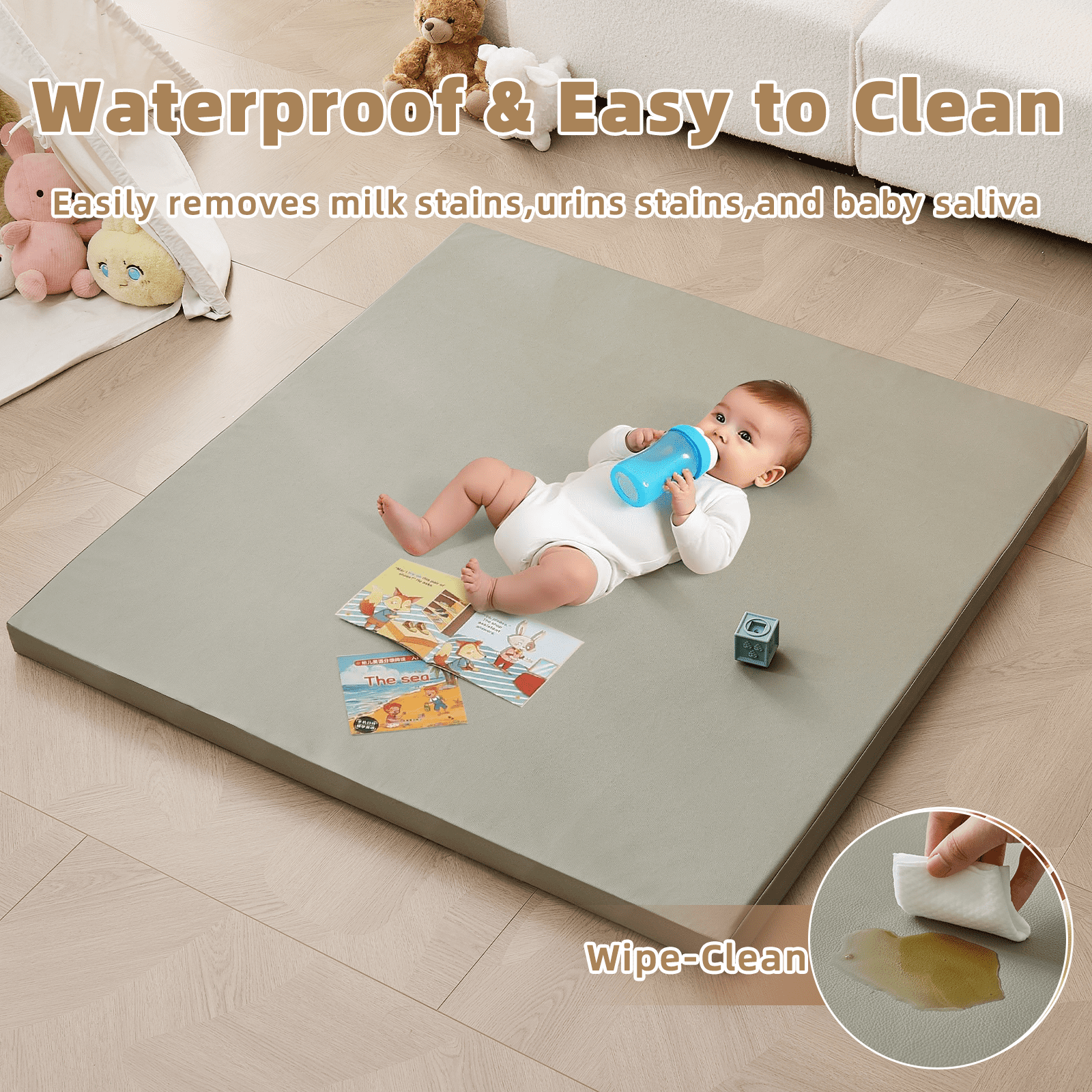 Teler Leather Baby Play Mat, 1.3" Thick Leather Crawling Mat, Cushioned & Waterproof Soft Playmat for Toddlers, Infants, 50" x 50", Gray