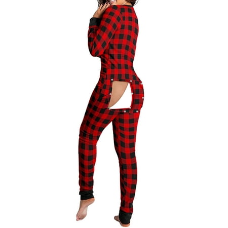 

Women Sexy Functional Butt Button Back Flap Jumpsuit Printed Long Sleeve V Neck Onesies Down Romper Pajamas Sleepwear Home Clothes