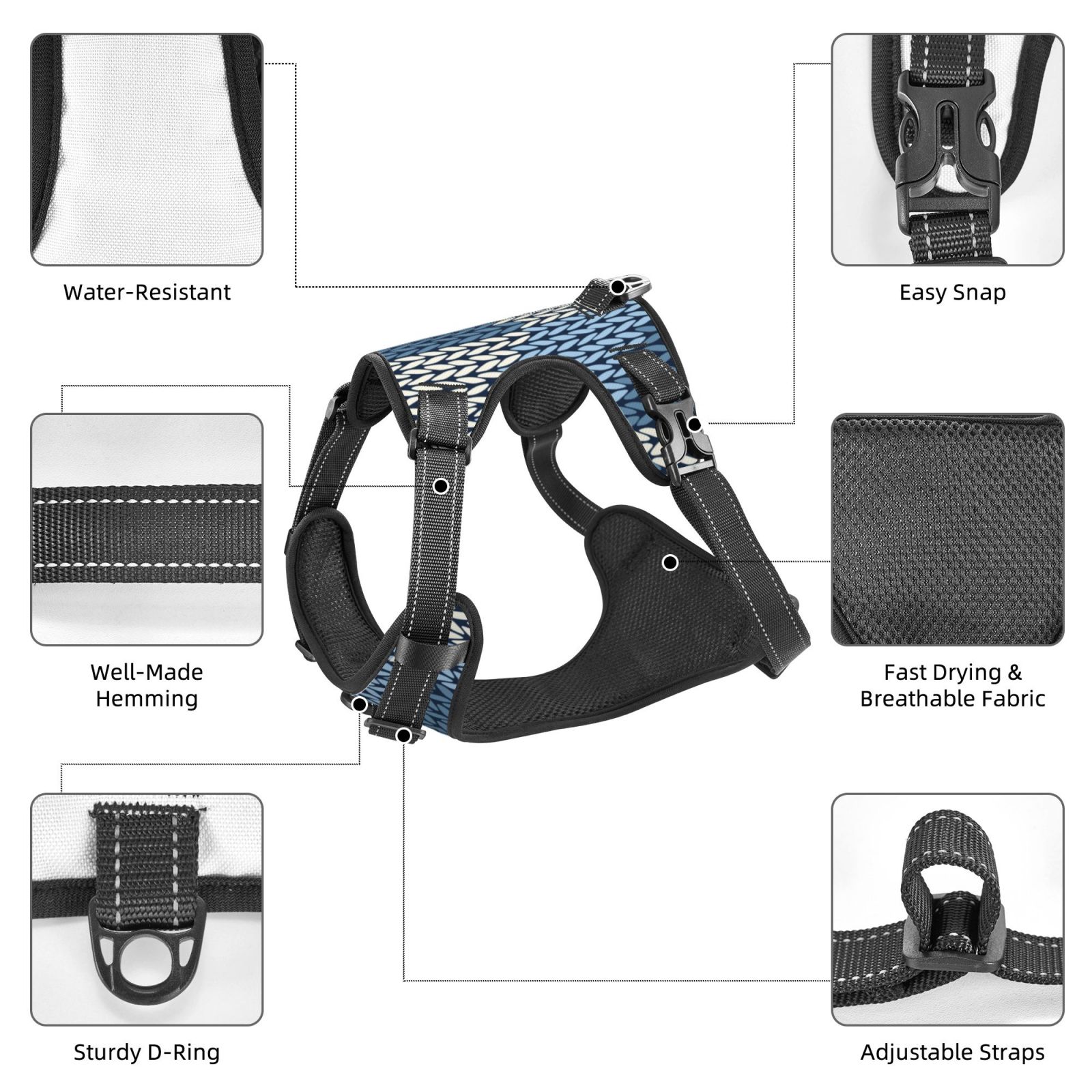 Vsdgher Cozy Knitted Blue Chevron Dog Harness, No-Pull Pet Harness, Dog Vest, Pet Vest for Small to Large Dogs-Small