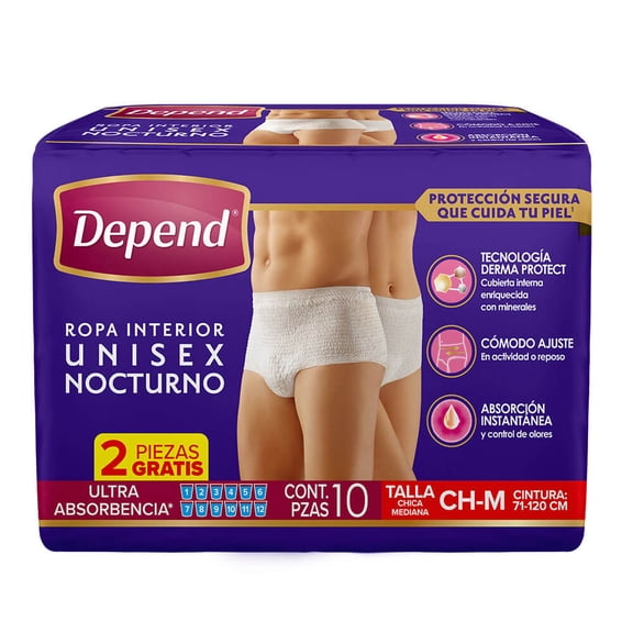 Ropa interior Depend nocturno ultra unisex M-L 8 pzas