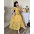 thumbnail image 4 of Yellow Womens Square Neck Puff Sleeve Fit & Flare Midi Dress With 3D Floral Embellishment, 4 of 6