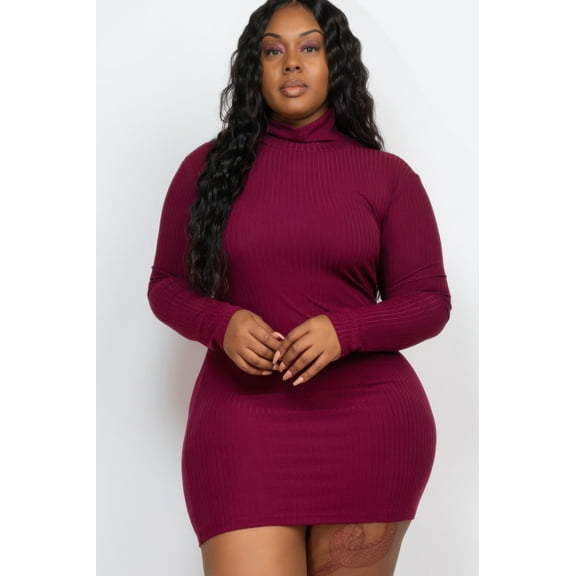 Plus Size Ribbed Long Sleeve Mock Neck Mini Bodycon Dress
