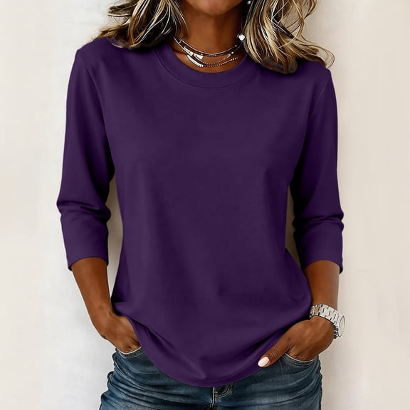 Women's Crew Neck 3/4 Sleeve T-Shirt, Loose Fit Casual Comfy Top, Soft Breathable Basic Tee for Daily Office Lounge Wear 15-Purple XXL
