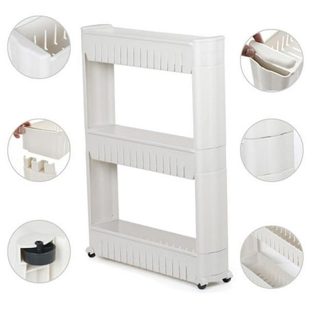 3 Tiers Mobile Shelving Unit Slim Slide-Out Storage Tower Pull out Pantry Shelves Cart for Kitchen Bathroom Bedroom Laundry Room Narrow Places on Wheels White