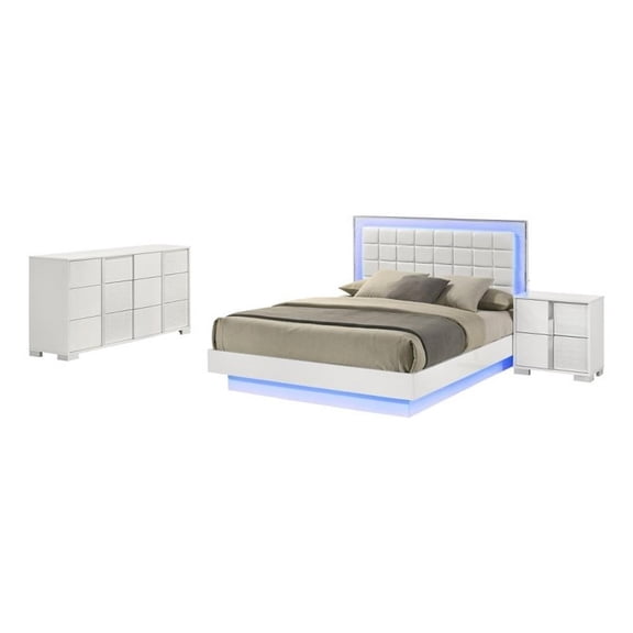 White Wood Lacquer Platform Queen Size Bedroom Set with Blue LED Lighting