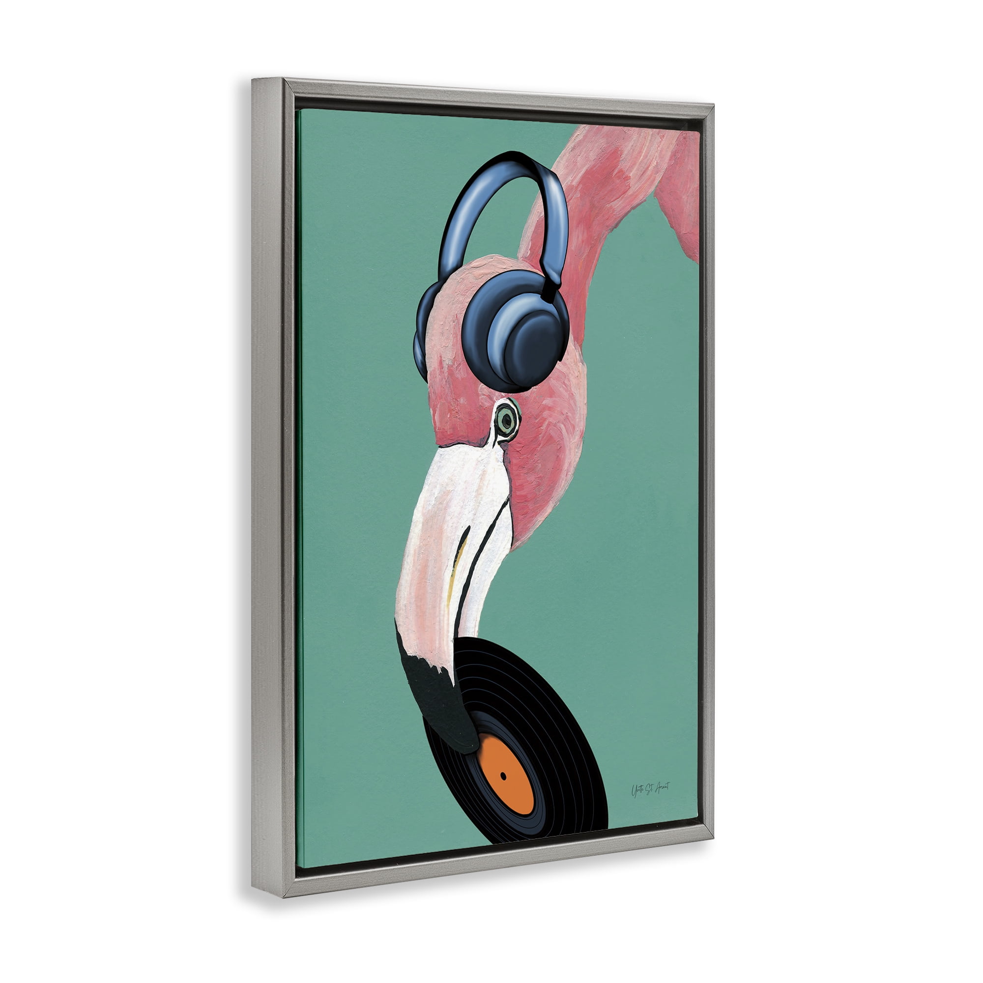 Stupell Industries Fun Musical Flamingo Animals & Insects Painting Gray Floater Framed Art Print Wall Art, 21 x 31