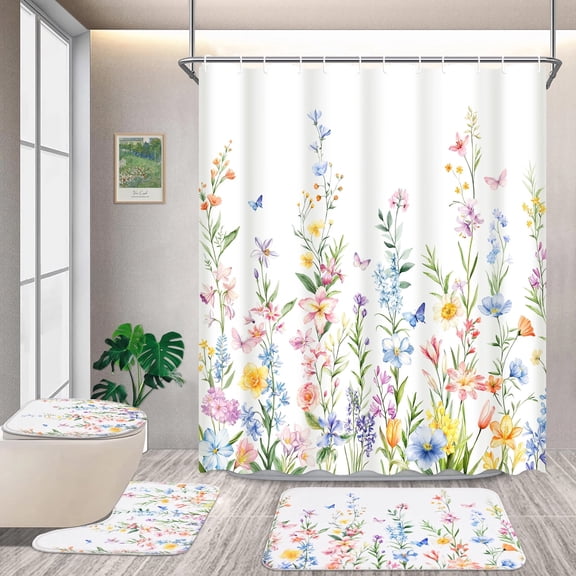 FRAMICS 16-Piece Floral Shower Curtain Sets with Rugs, Watercolor Wildflower Bathroom Sets with Hooks, Waterproof Fabric Bathroom Curtain, Machine Washable