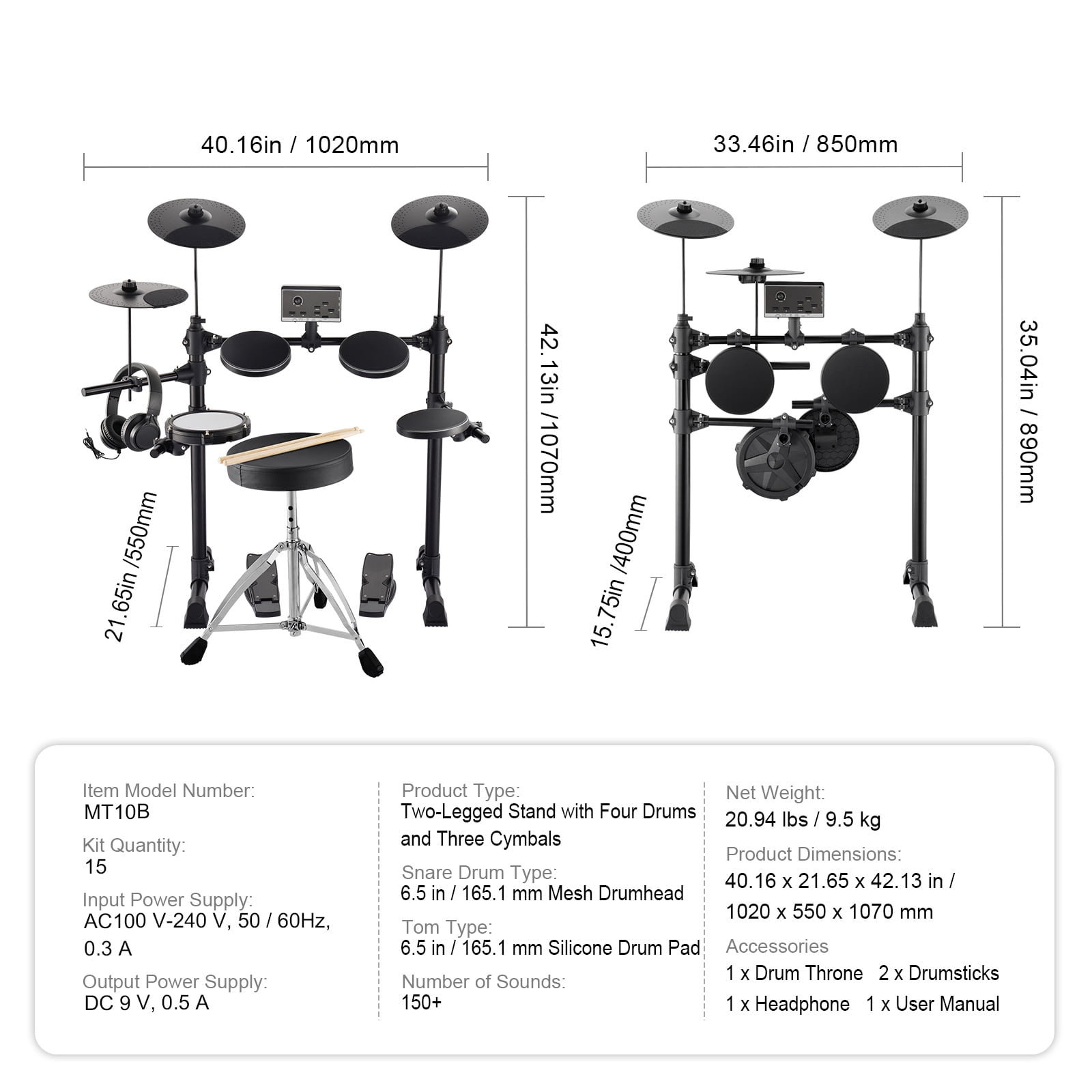 KFFKFF Electronic Drum Set, Comprises 15 Drum Sets & 150 Unique Sounds, 6.5 in Silent Mesh Snare, Supported by USB MIDI, Comes with 10 in Cymbals, Drum Sticks & Headphones