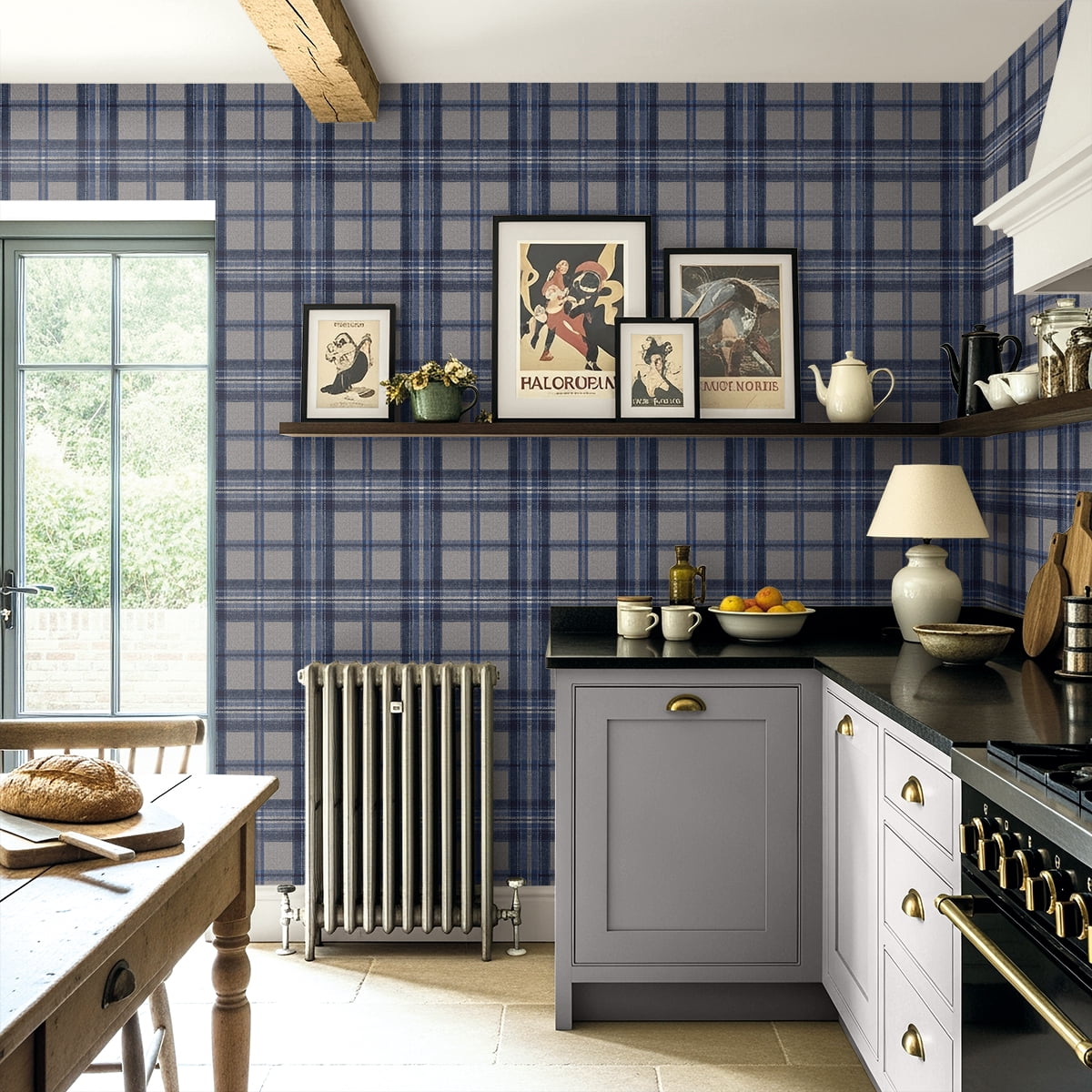 Harry & Grace Blue Smoke Herringbone Plaid Premium Matte Non-Woven Peel and Stick Wallpaper - 20.5 in. W x 18 ft. L Roll