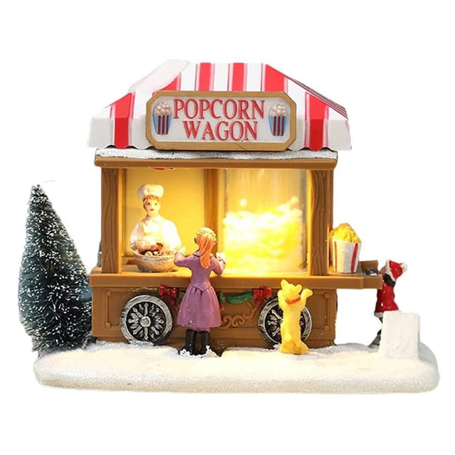 Cateissary Christmas Village House Popcorn Truck Scene Holiday Figurine Ornament Adult Children Home Glowing Craft Wedding Party Kits de decoración para fiestas Cateissary HA038718-00