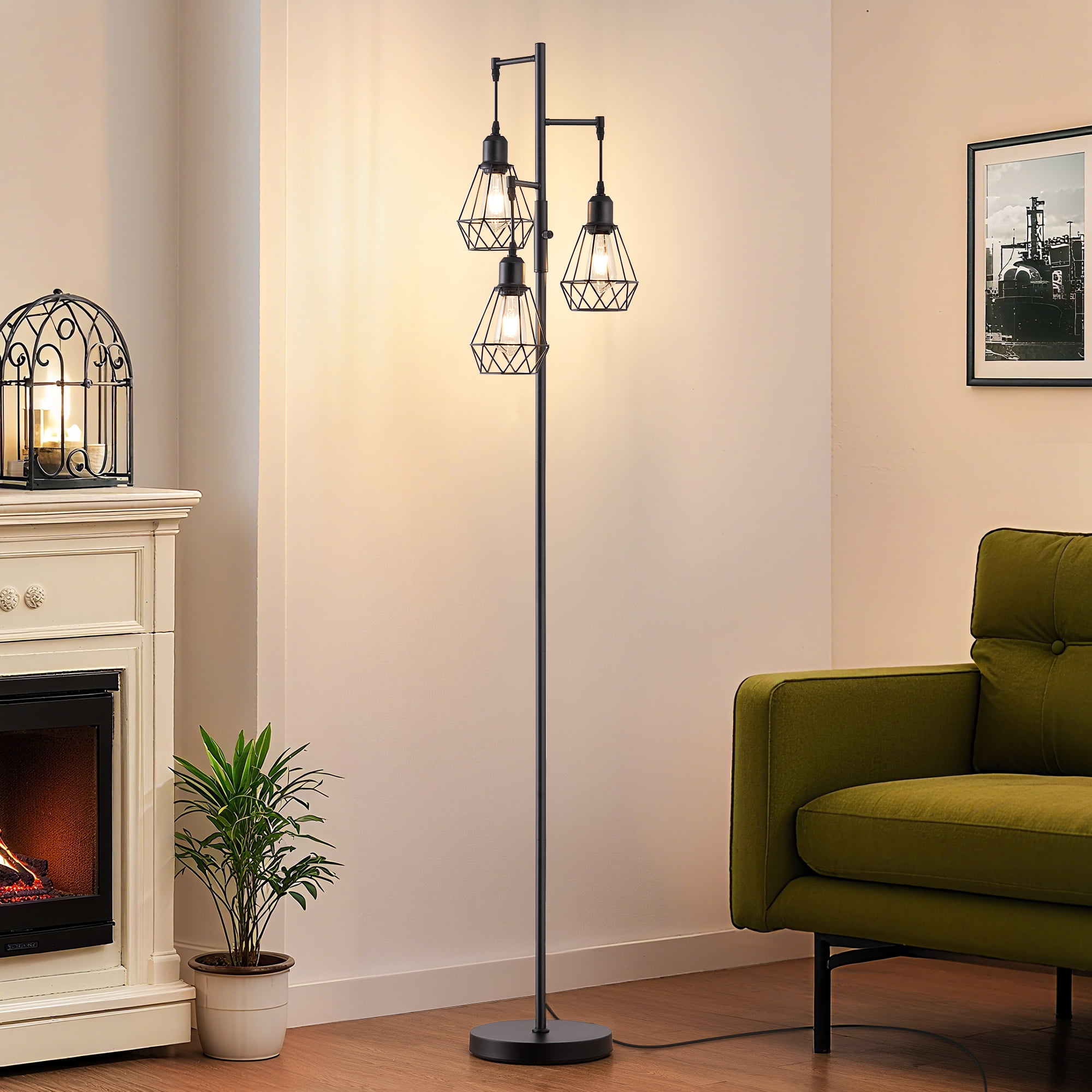 EDISHINE 70IN Farmhouse Industrial Floor Lamps for Living Room, Dimmable, Metal Standing Tree Lamp for Bedroom, Office, Home Decor, Lighting, 3 LED Edison Bulbs Included, Black