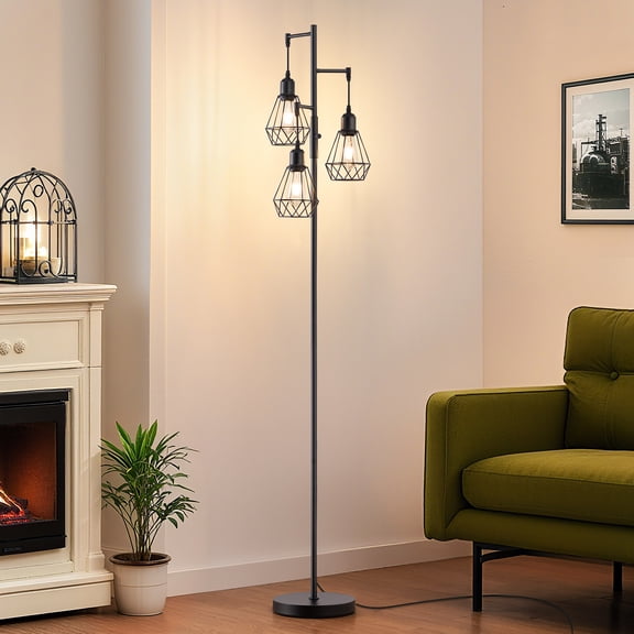 EDISHINE 63IN Farmhouse Industrial Floor Lamps for Living Room, Dimmable, Metal Standing Tree Lamp for Bedroom, Office, Home Decor, Lighting, 3 LED Edison Bulbs Included, Black