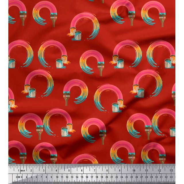 Soimoi Red Silk Fabric Paint Brush Abstract Printed Craft Fabric by the Yard 42 Inch Wide