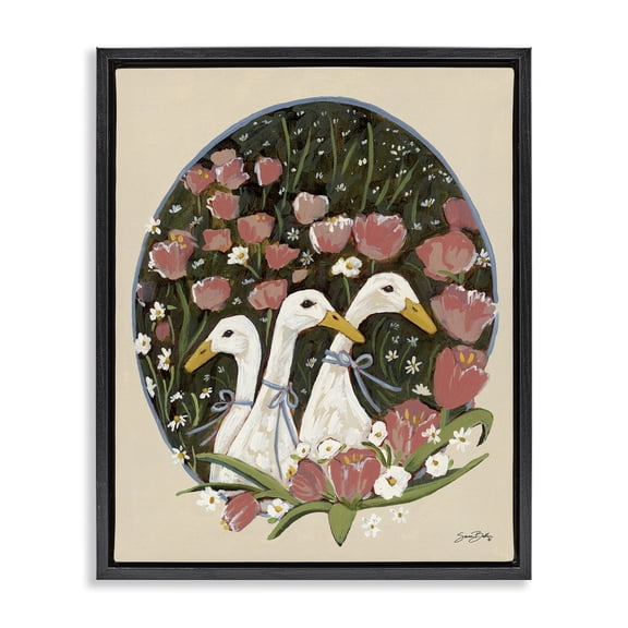 Stupell Industries Ducks with Cottage Blooms Animals Painting Black Floater Framed Canvas Art Print Wall Art, 17 x 21