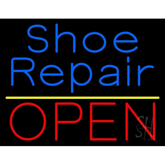 Blue Shoe Repair Open With Yellow Line LED Neon Sign 15 x 19 - inches, Black Square Cut Acrylic Backing, with Dimmer - Bright and Premium built indoor LED Neon Sign for store Décor, Storefront.
