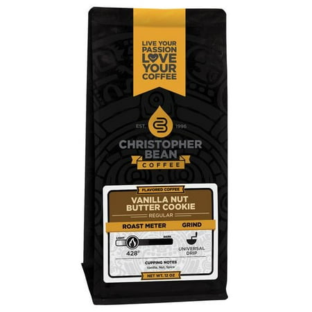 Vanilla Nut Butter Cookie Flavored Regular Whole Bean Christopher Bean Coffee, 100% Arabica, No Sugar, No Fats, Made with Non-GMO Flavorings, 12 Oz Bag of coffee
