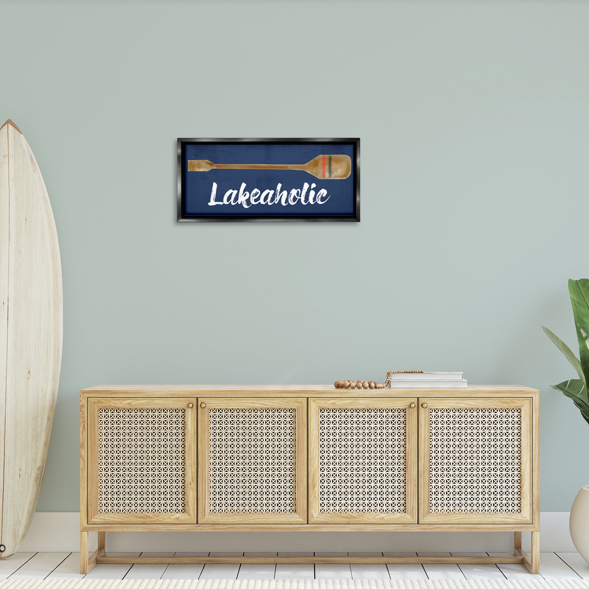 Stupell Industries Lakeaholic Boat Oar Inspirational Painting Black Floater Framed Canvas Art Print Wall Art, 31 x 14