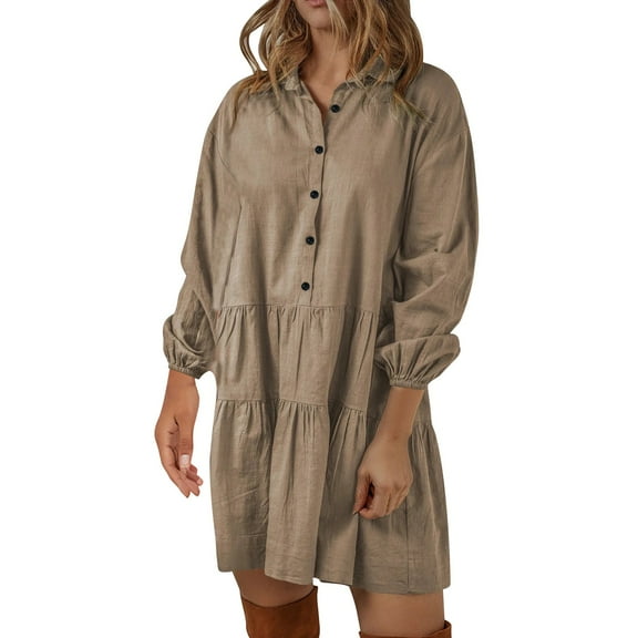 fatyb Womens Shirt Dresses Button up Patchwork Mini Dresses Casual Ruffle Long Sleeve Tiered Dresses