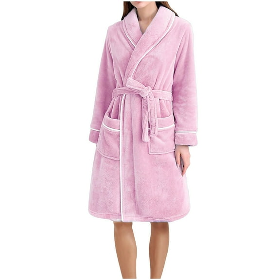 Kaemgyyd Women Fleece Robe Soft Plush Cozy Warm Bathrobe Sleepwear Fuzzy Long Sleeve Collar Belted Loungewear with Pockets