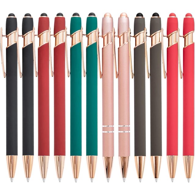 12 bolígrafos de oro rosa con punta de lápiz, 2 en 1, elegantes, de metal para pantallas táctiles, tinta negra de 1 mm (paquete de 12)
