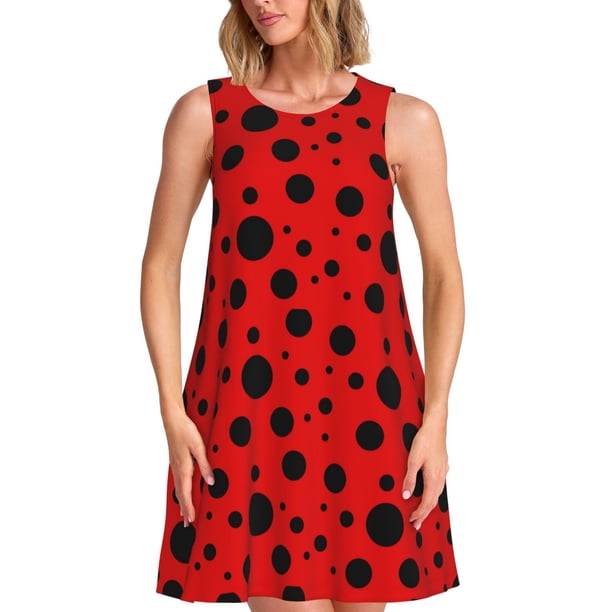 Easygdp Ladybug Pattern para Vestido Transpirable de Mujer, Vestido Suelto de Manga Corta con Pliegues y Bolsillos para el Verano