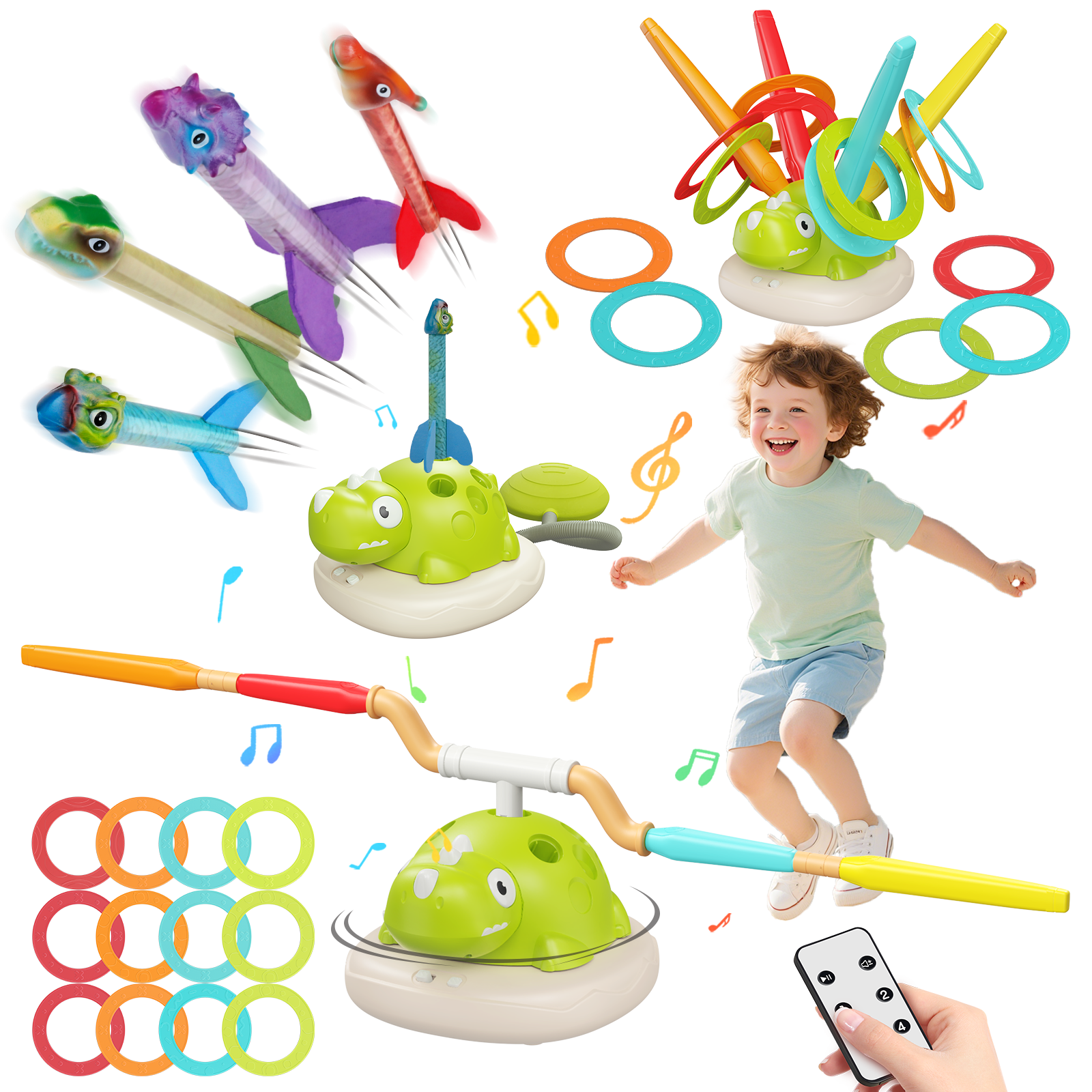 iFLOVE 3 in 1 Outdoor Toys for Kids - Rocket Game / Rope Jump Machine / Ring Toss Game, Garden Sports Toys for Boys Girls Ages 3 and up Birthday Gift