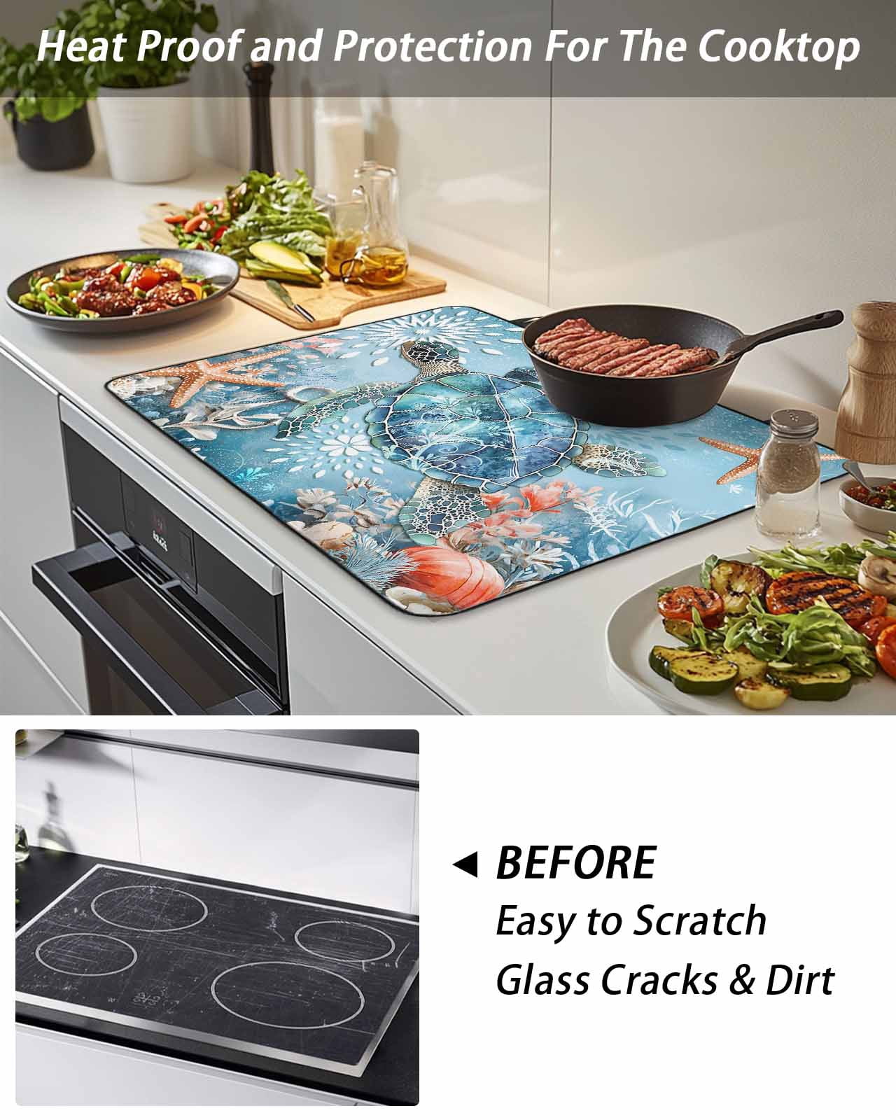 Stove Top Covers for Electric Stove, Blue Coastal Sea Turtle Glass Stovetop Cover Protector, Summer Beach Starfish Botanical Induction Cooktop Protector Oven Mat for Kitchen Countertop 24"x21"