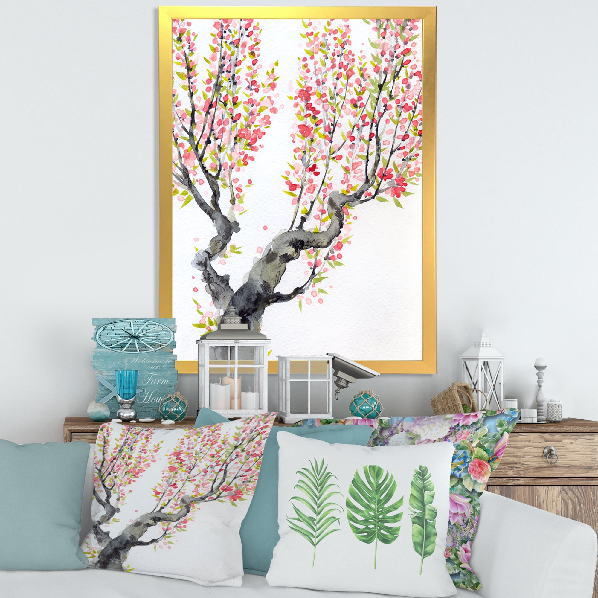 Red Spring Flowers On Tree Branches 30 in x 40 in Framed Painting Canvas Art Print, by Designart