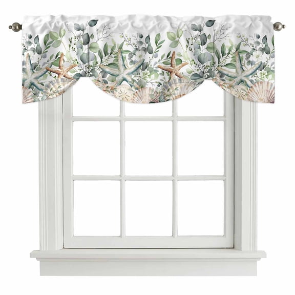 Sage Green Ocean Tie Up Valance Curtains for Windows, Kitchen Curtains Window Shades, Coastal Eucalyptus Starfish Shell Light Filtering Roman Curtain Valances for Bedroom/Bathroom/Cafe 42"x12"