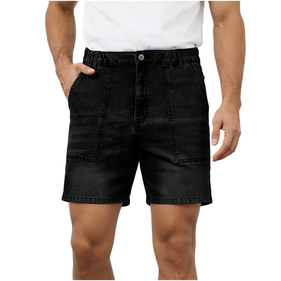 LEKWK Jean Shorts for Men Elastic Waist Denim Work Shorts with Front Utility Pockets Button Closure Relaxed Fit for Summer Casual Streetwear Everyday Wear Black XL