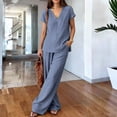 thumbnail image 5 of Women's V Neck Short Sleeve Top & Wide Leg Pants Set, Soft Nylon Spandex Loungewear, Casual 2 Piece Outfit with Stretchy Waist, for Relaxed Days, Work from Home, or | TruBelle,Dark Blue 2XL, 5 of 8