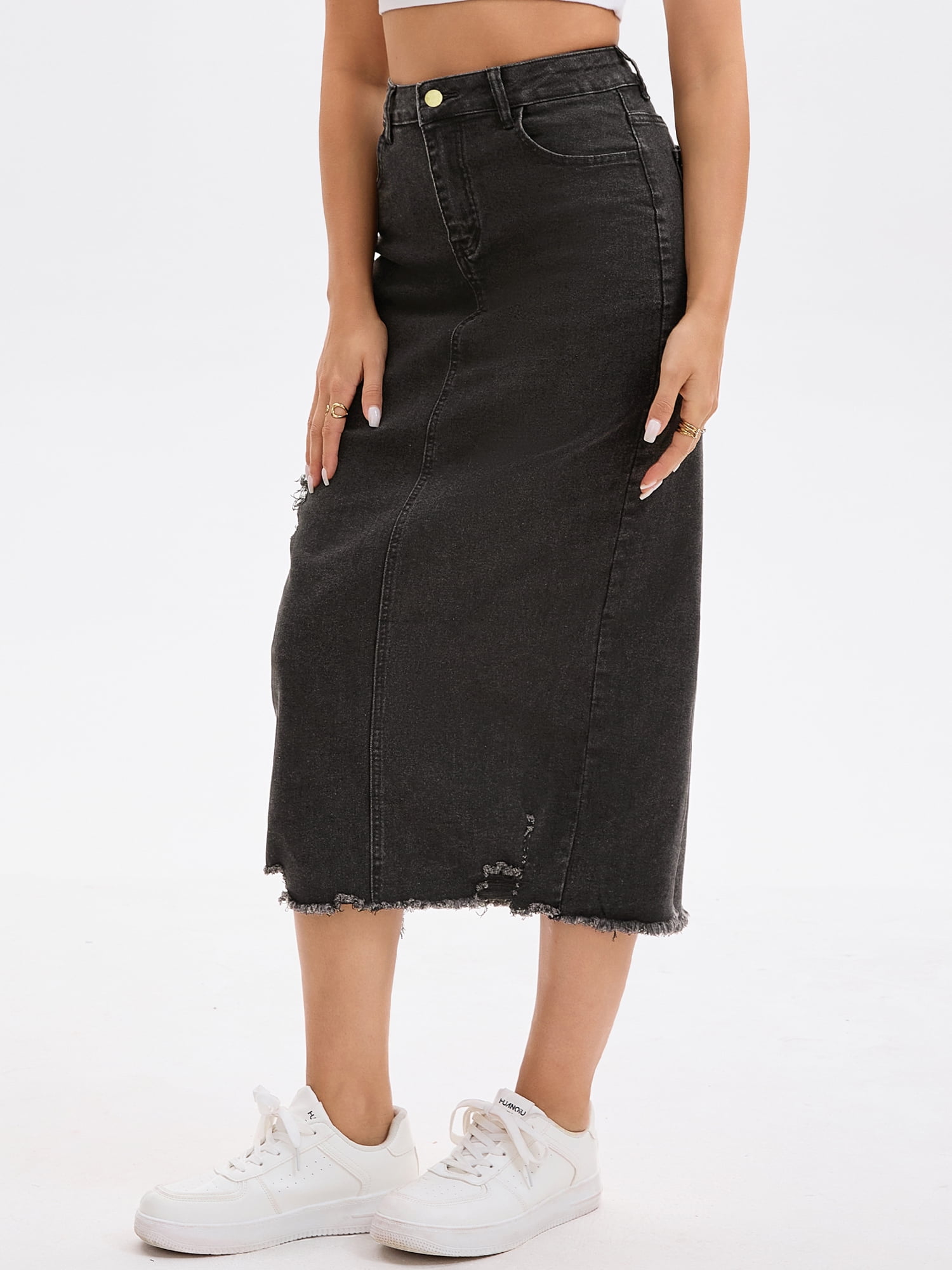 DARING DIVA Women's Long Denim Mid Waisted Pencil Jean Skirts M Black