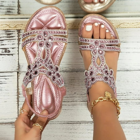 

XIAQUJ Women Rhinestone Decor Slingback Sandals Glamorous Sandals Elastic Ankle Strap Casual Bohemian Beach Shoes Sandals for Women Pink 9(42)