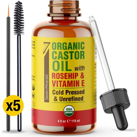 Seven Minerals Organic Castor Oil 4oz with Rosehip & Vitamin E for Eyelashes, Eyebrows, Face & Hair Growth
