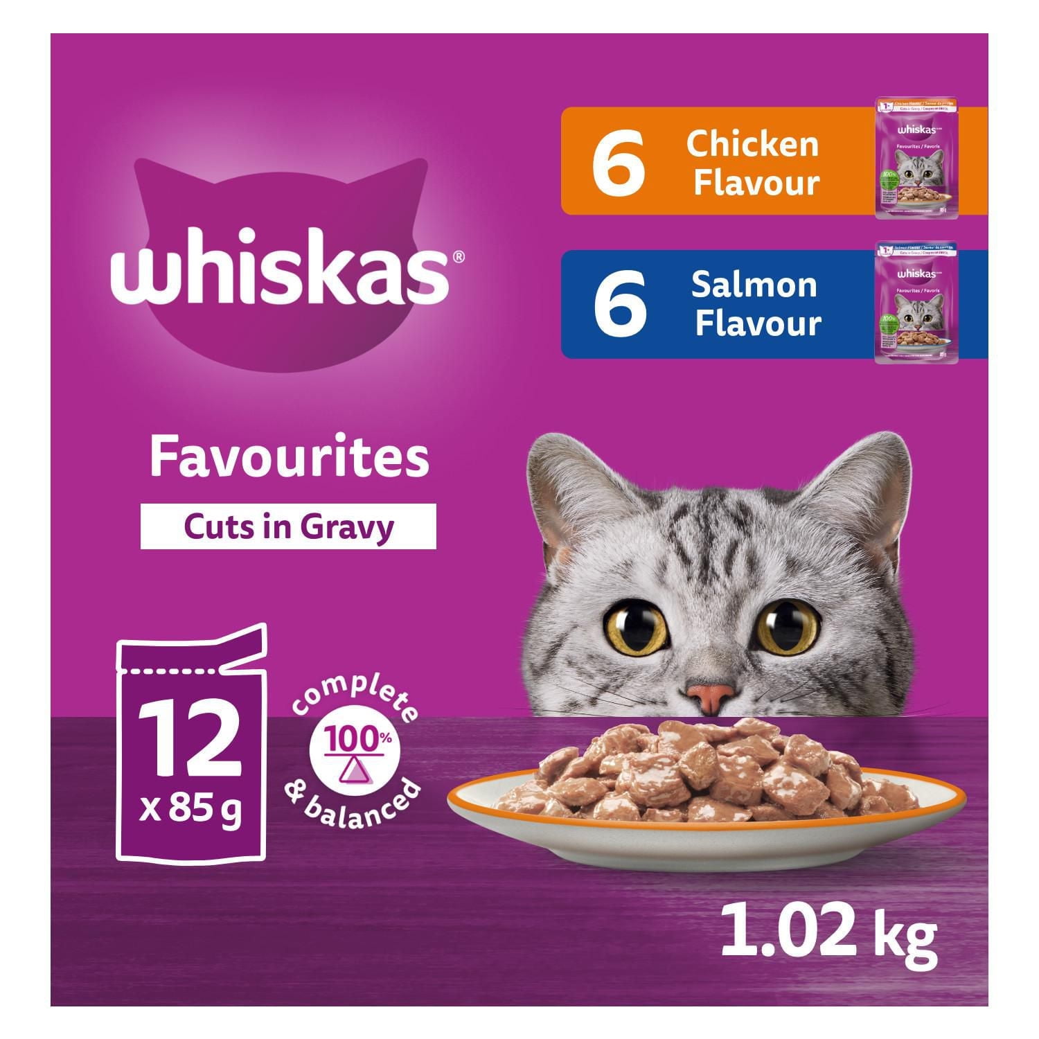 Nourriture humide pour chats adultes WHISKAS FAVORIS coupes en sauce en format variété – saveur de poulet et saveur de saumon