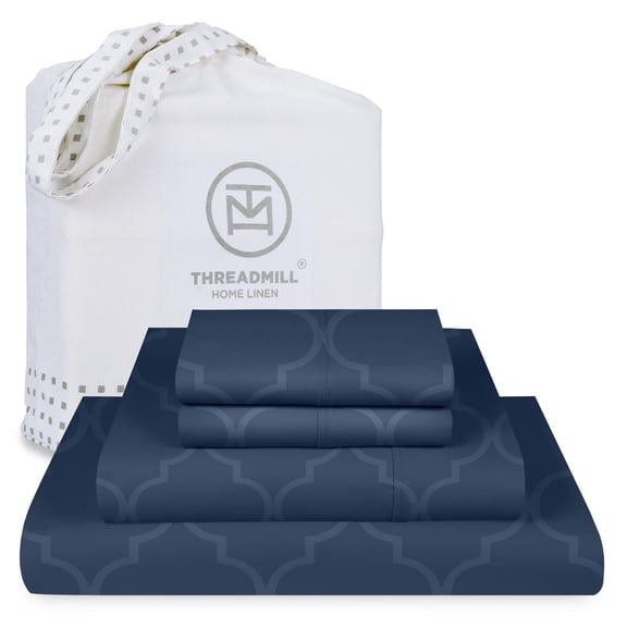 Threadmill 100% Cotton Sheets for King Size Bed | 4 Pc King Bed Sheets Set | Soft, Breathable Lightweight Damask Sateen for All-Season Use | Snug Fit Elastic Deep Pocket King Sheets | Folkstone Blue