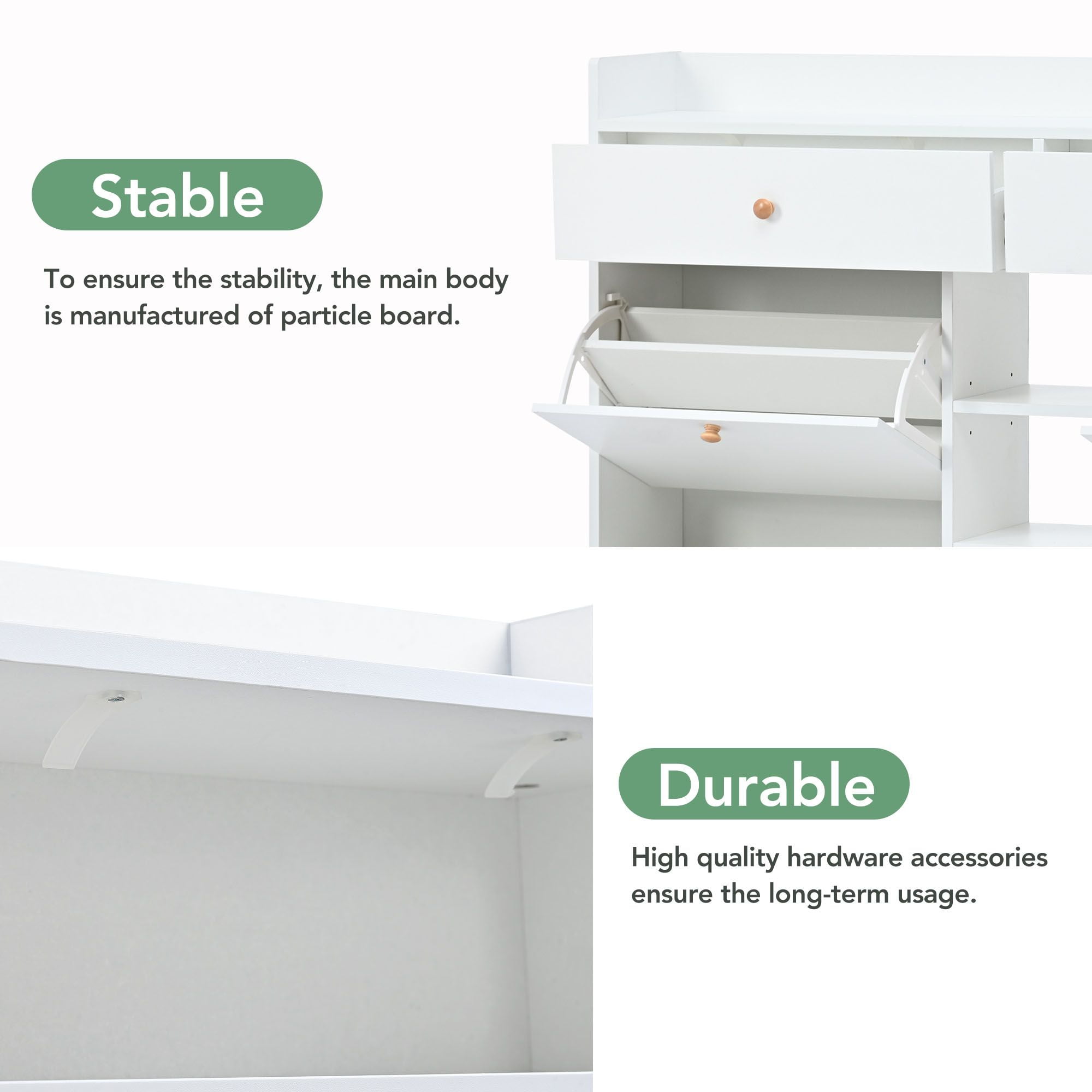 DEALTOPS Modern Freestanding Shoe Cabinet with 4 Flip Drawers and Open Shelves, Stylish Shoe Rack with 2 Storage Drawers for Entryway - White