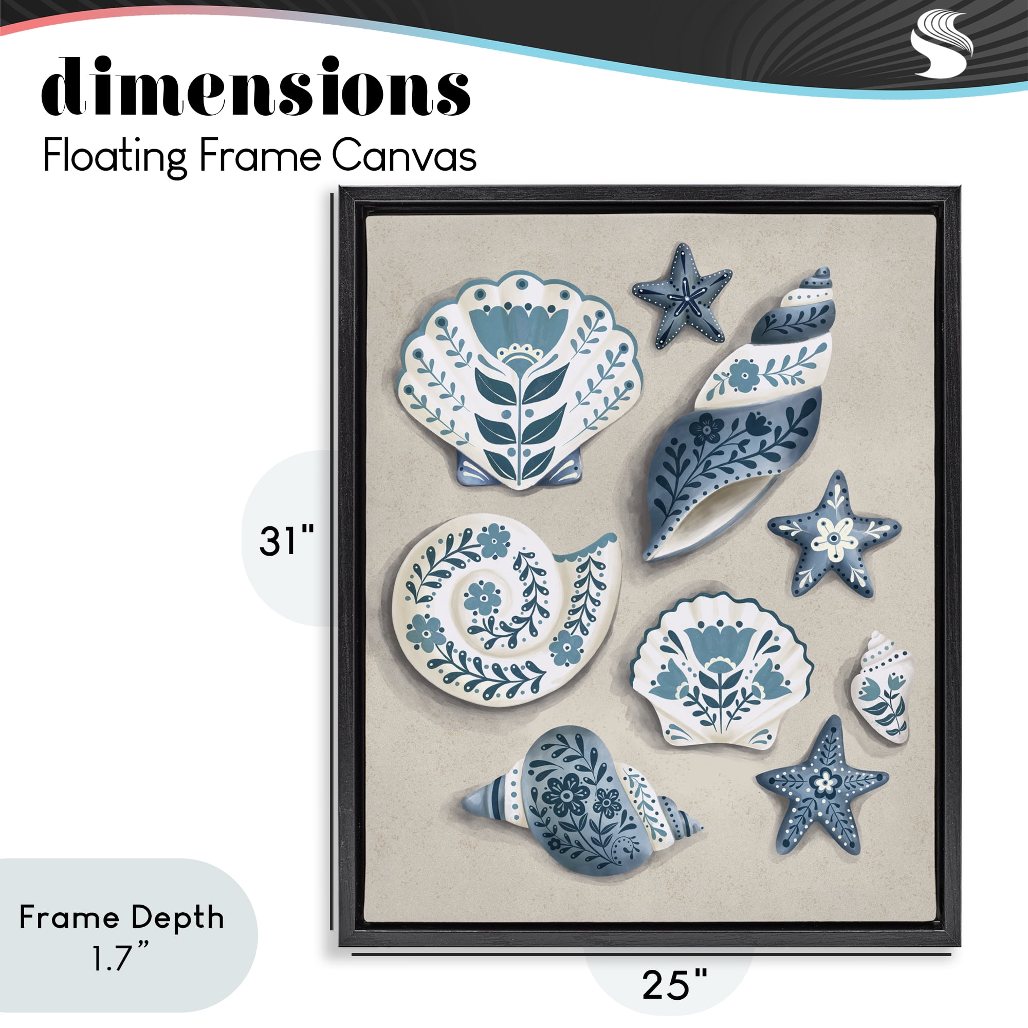 Stupell Industries Teal Nautical Floral Seashells Black Framed Floater Canvas Wall Art, design by Penny Aguilera