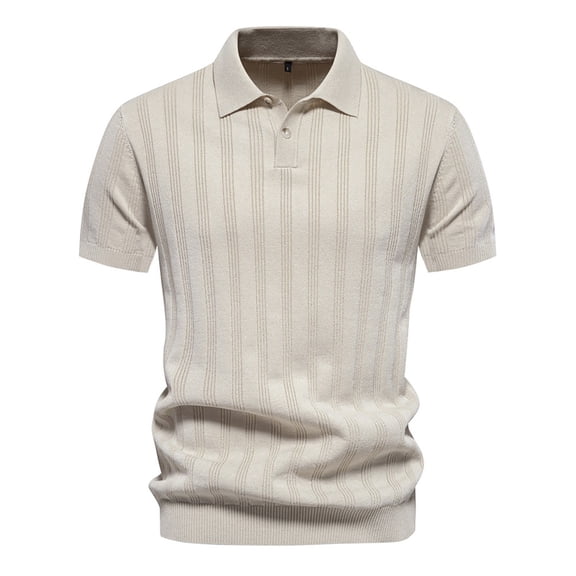 JTieacloth Mens Collar Shirt Mens Summer Lapel Casual Knit Shirt Fashion Solid Color Cotton Short Sleeve Size Top Beige L