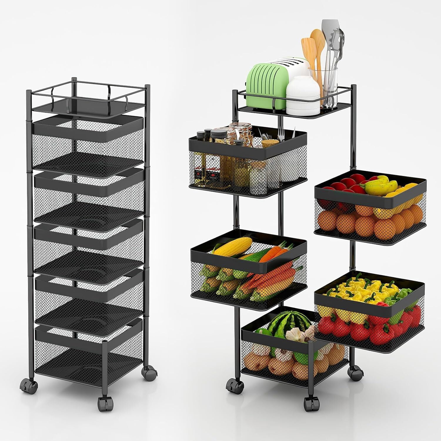 Howcool Square 5-Tier Rotating Kitchen Organizer, Heavy-Duty Metal Rolling Storage Cart with Wheels