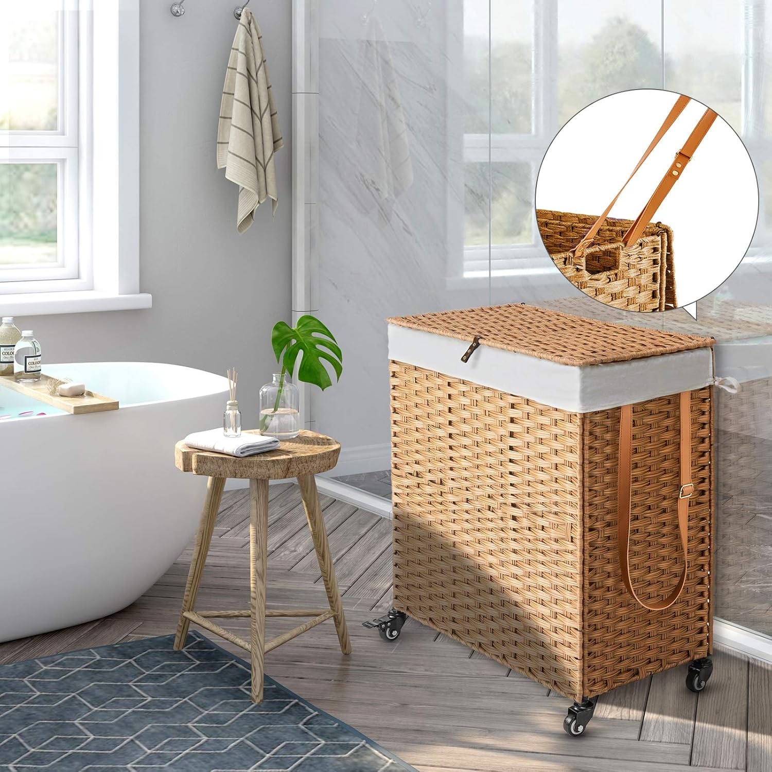 Laundry Hamper with Wheels, No Install Needed, 110L Divided Handwoven Hampers & 2 Removable Liner Bags, Synthetic Rattan Clothes Laundry Basket with Lid & Handles, Foldable Hampers Natural