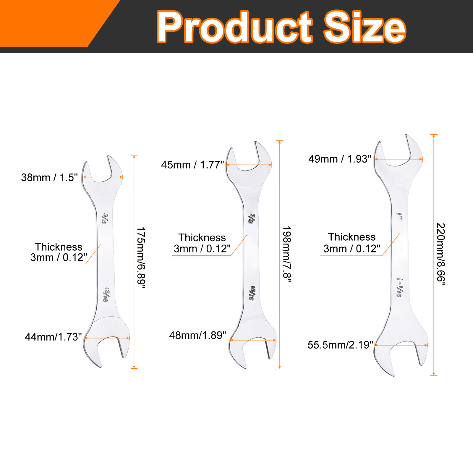 Uxcell 3pcs 3/4" 13/16" 7/8" 15/16" 1" 1-1/16" SAE Double Open End Thin Wrench Set