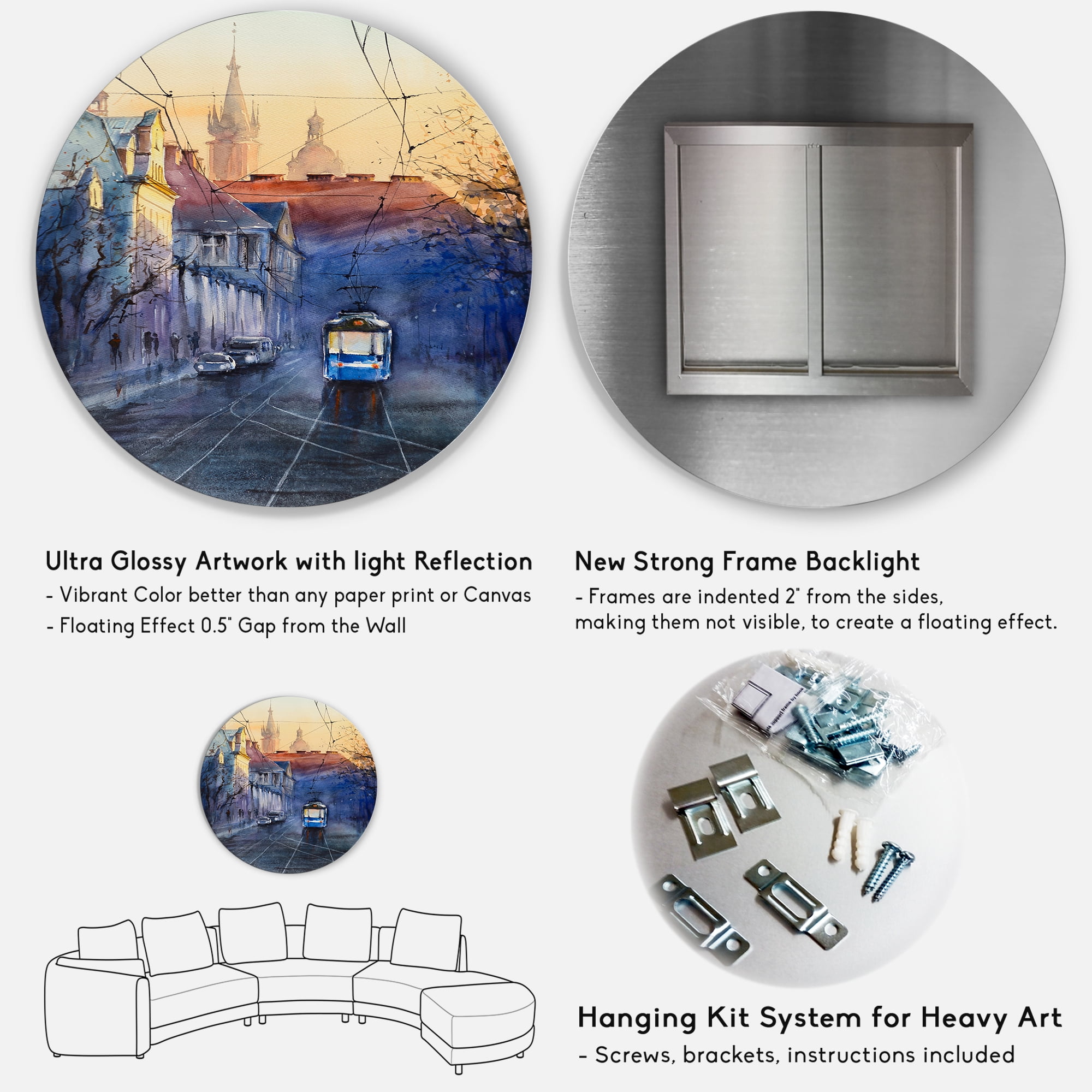 Designart 'Blue Tram At Sunset With Church During Sunset Cityscape' Nautical & Coastal Circle Metal Wall Art 36x36 - Disc of 36