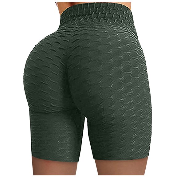 Women Leggings Tummy Control Fitness Wrinkled Biker Stretch High Waist Shorts Yoga Pants,Army Green,L