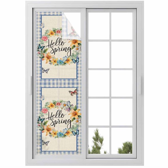 Window Privacy Film Hello Spring Stained Glass Window Film Decorative Sun Block Window Cover Farmhouse Floral Eucalyptus Wood Plaid Burlap Window Clings Static Sticker for Bathroom 29.5"x118"