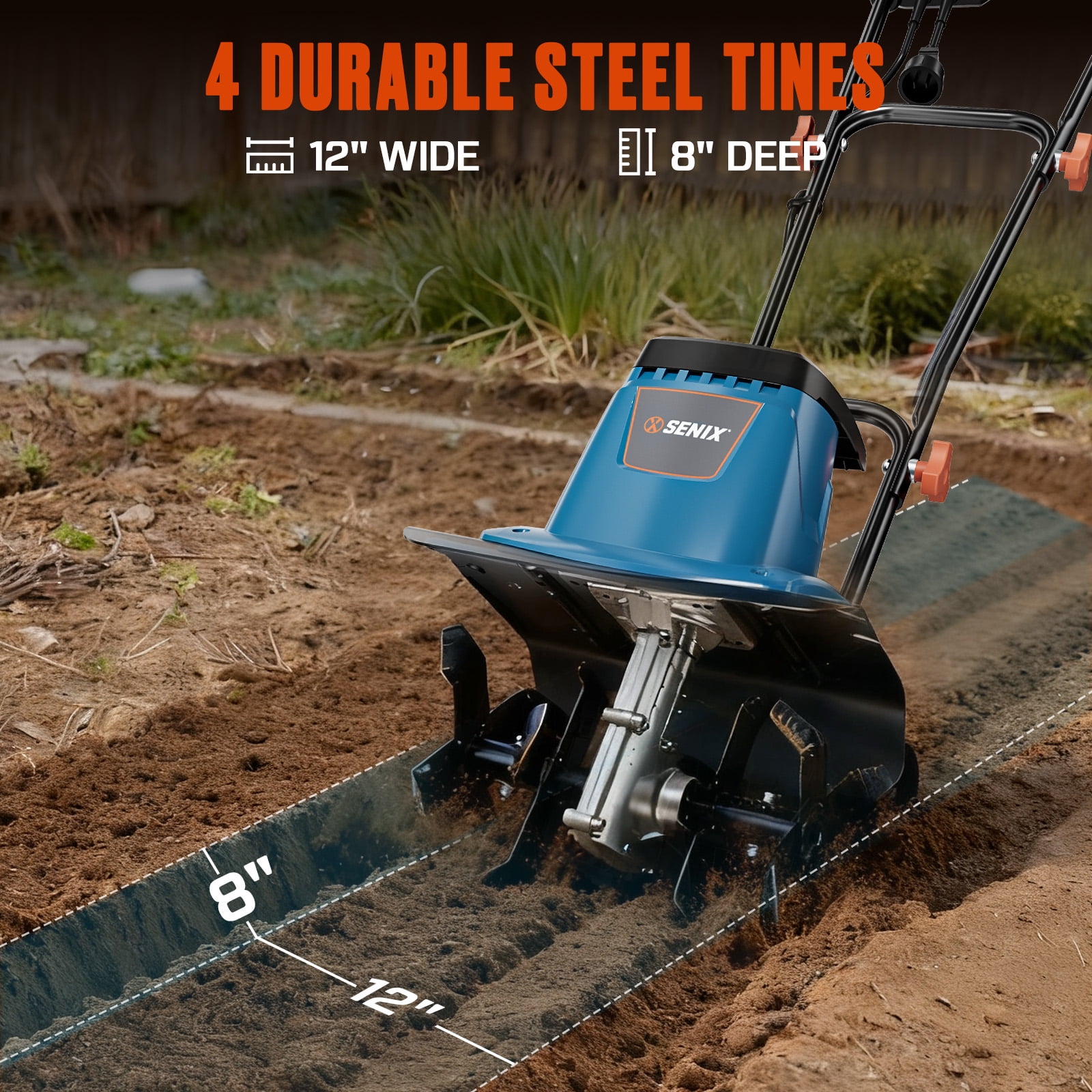 SENIX 8Amp Electric Garden Tiller/Cultivator with 15” Tilling Width and 8” Tilling Depth, 4 Steel Tines,Foldable Handle, TLEO8-L1