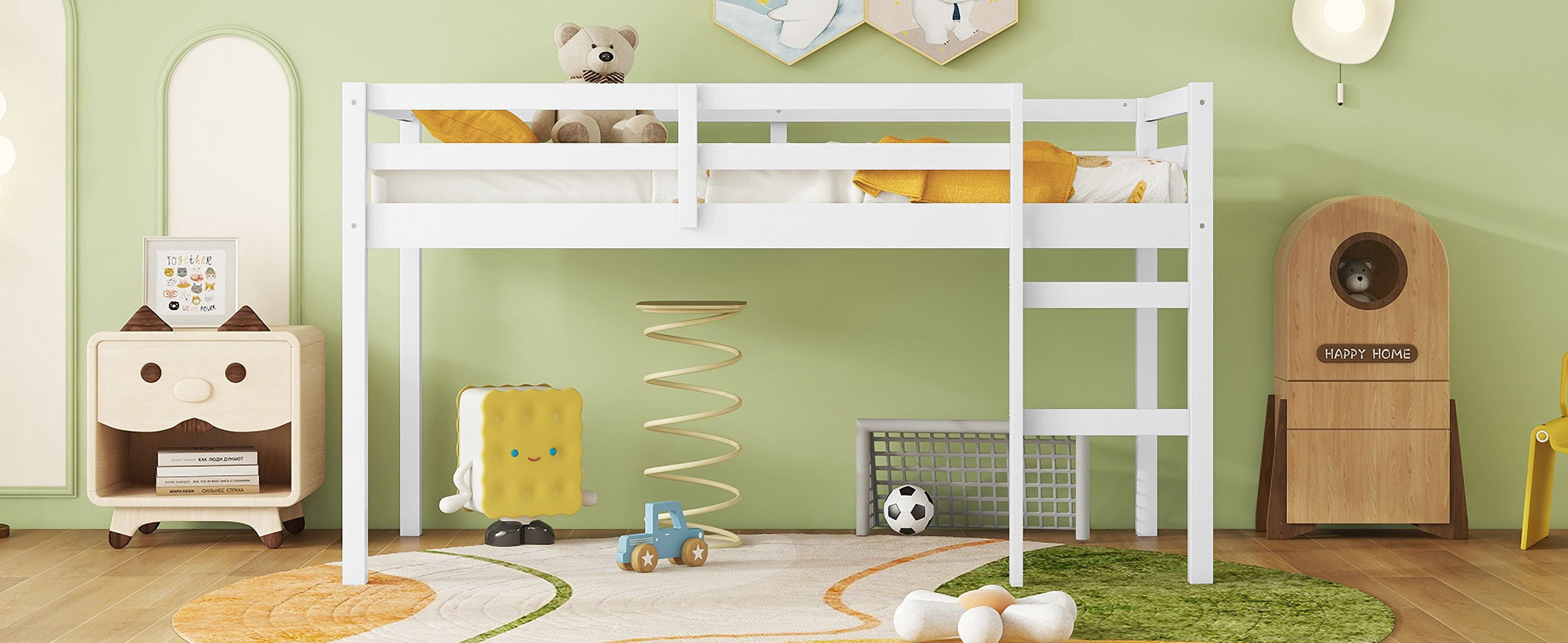 Solid Wooden, Rubber Wooden Twin Loft Bed with Ladder, Bed Platform of Strengthened Slats, White