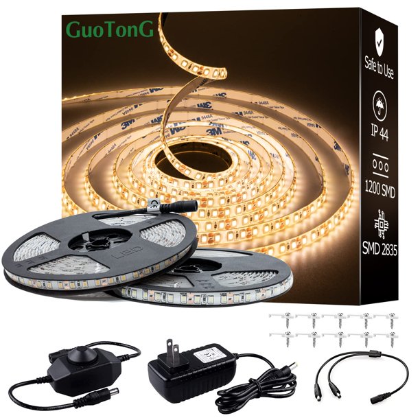 GUOTONG Tiras de Luces LED Blancas, Cinta LED 300 SMD 2835 cortable a Prueba de Agua, Cinta Flexible de 6000 K 12 V 16,4 pies/5 m, iluminación para gabinetes de Cocina, Exterior/Interior